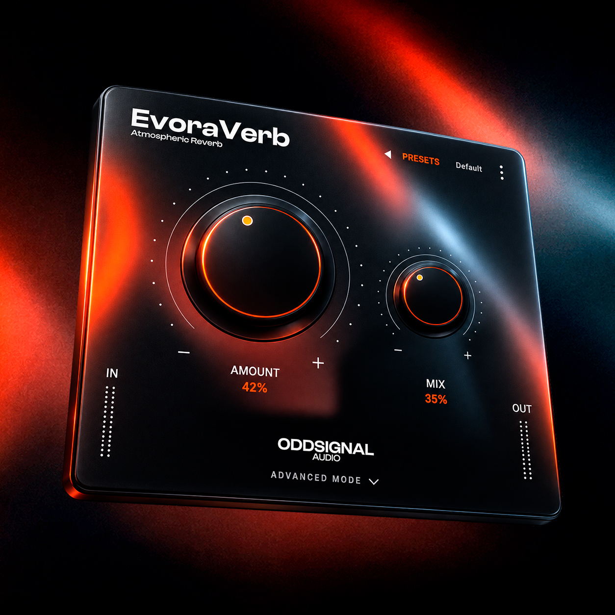 EvoraVerb plugin interface, AMOUNT and MIX knobs