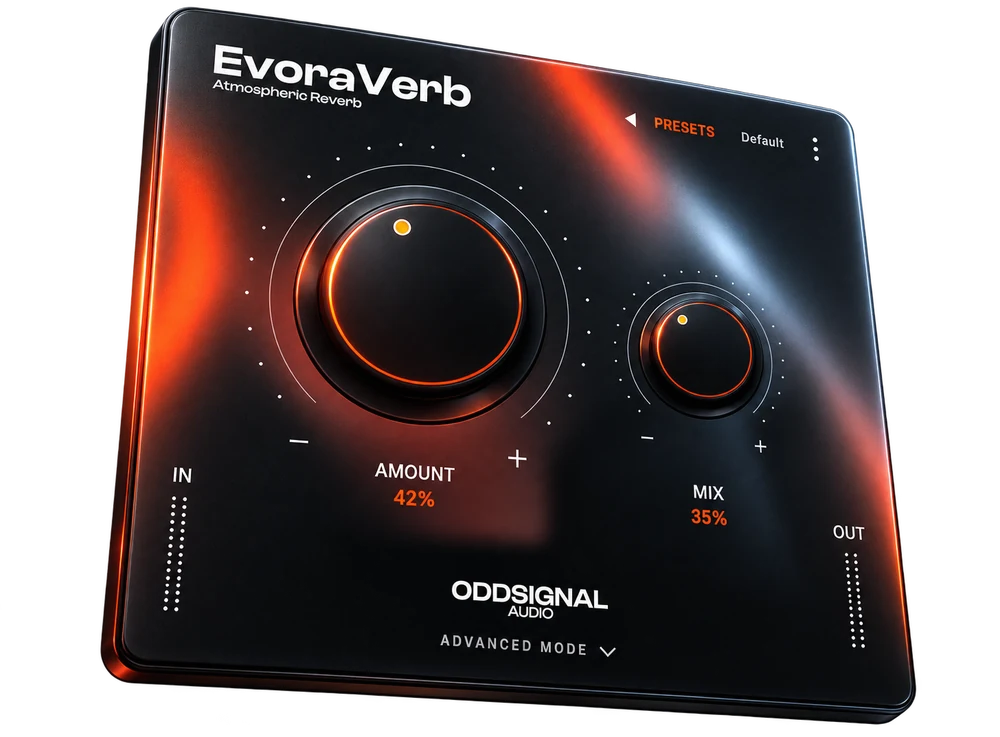 EvoraVerb plugin interface showing the Amount and Mix controls
