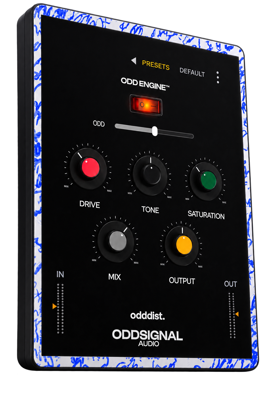ODDDIST plugin interface showing the Drive, Tone, Saturation, Mix and Output controls
